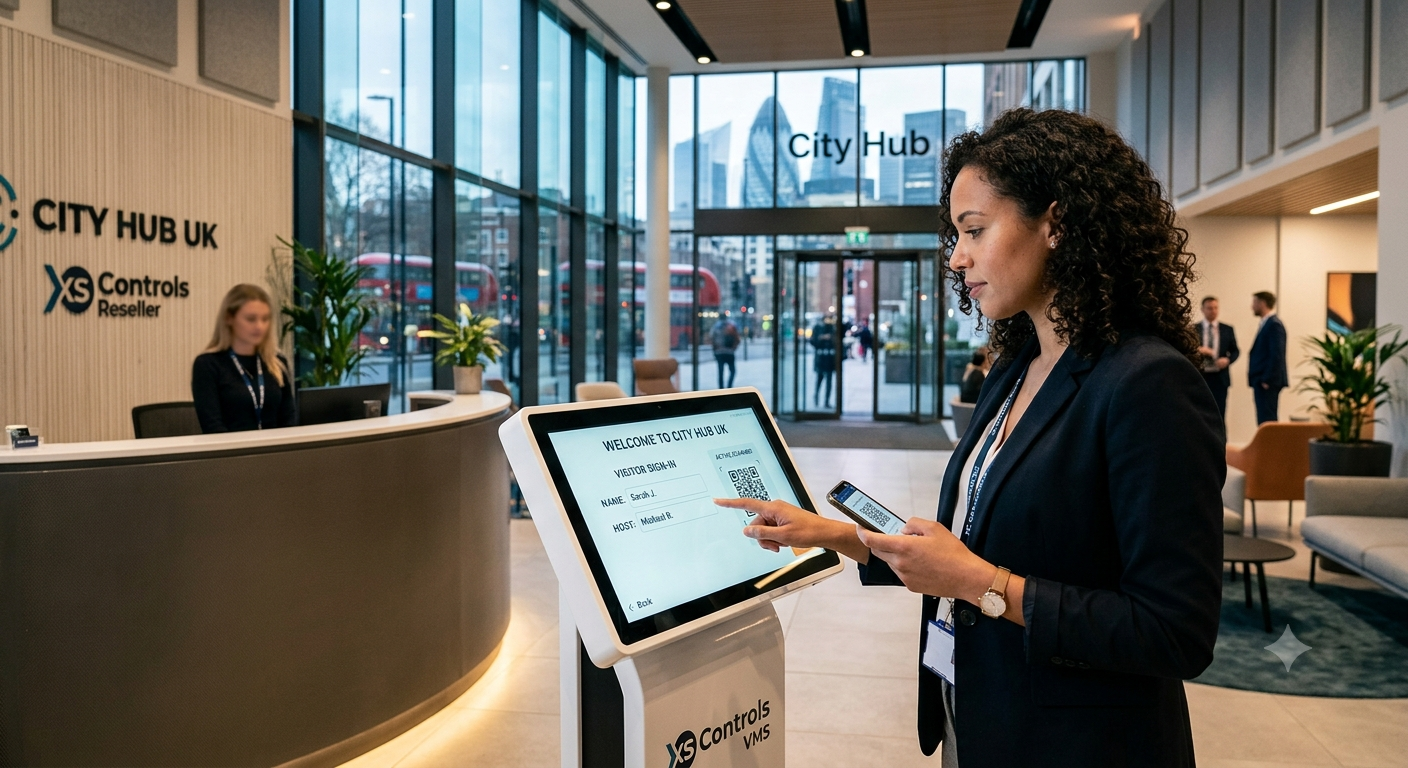 An external guest using a self-service touchscreen kiosk running a modern visitor access management system in the reception lobby of a UK corporate office.