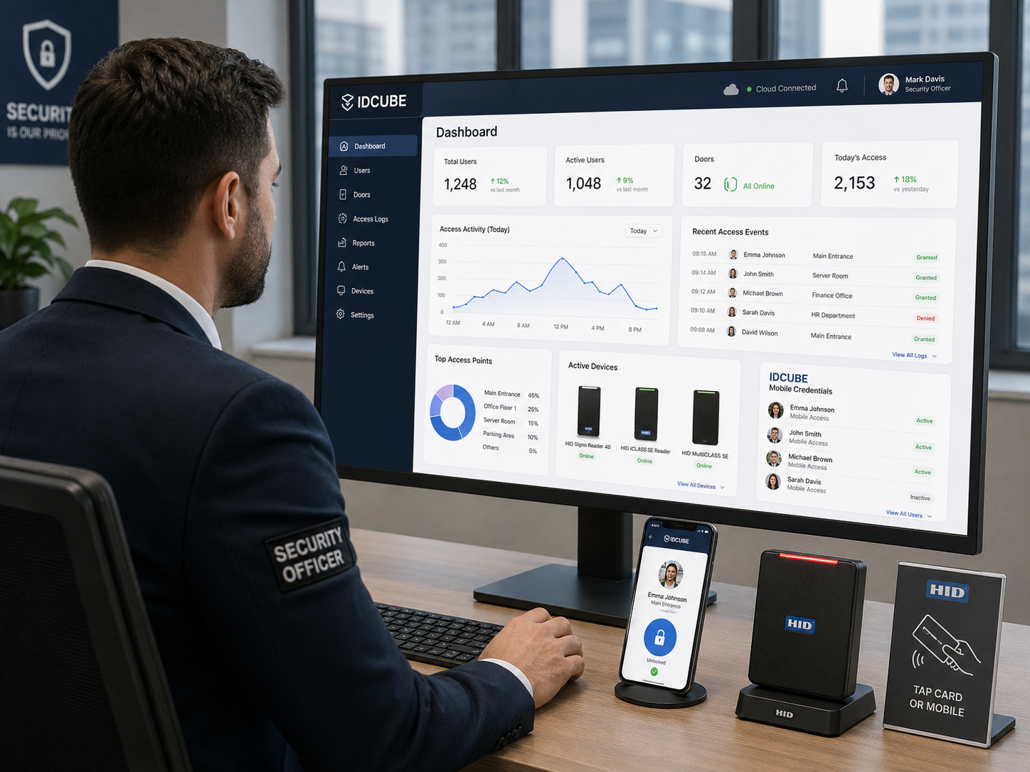 A corporate security officer managing a cloud-based access control dashboard featuring HID readers and IDCUBE mobile user profiles.