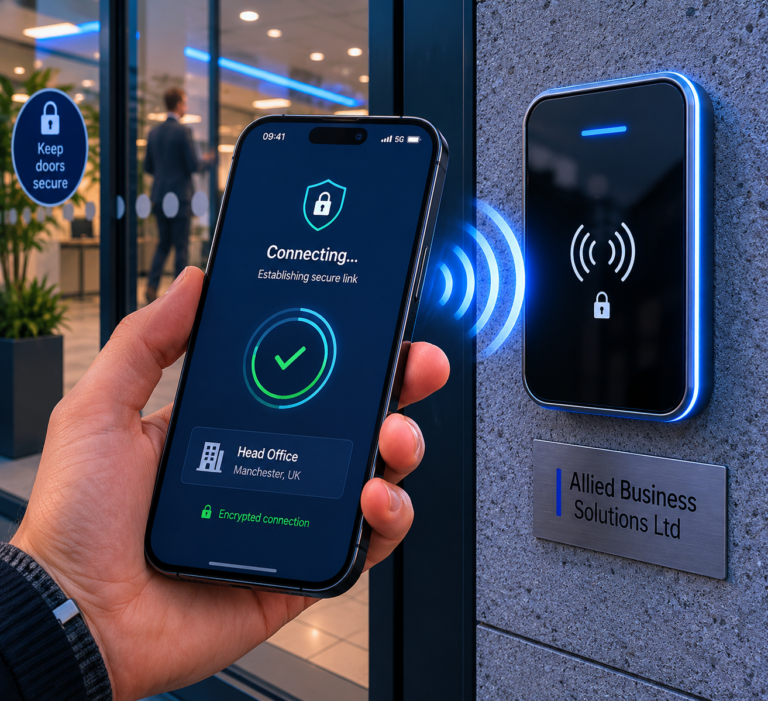 A sleek smartphone screen initiating a secure wireless connection with an enterprise wall reader outside a modern UK business office.