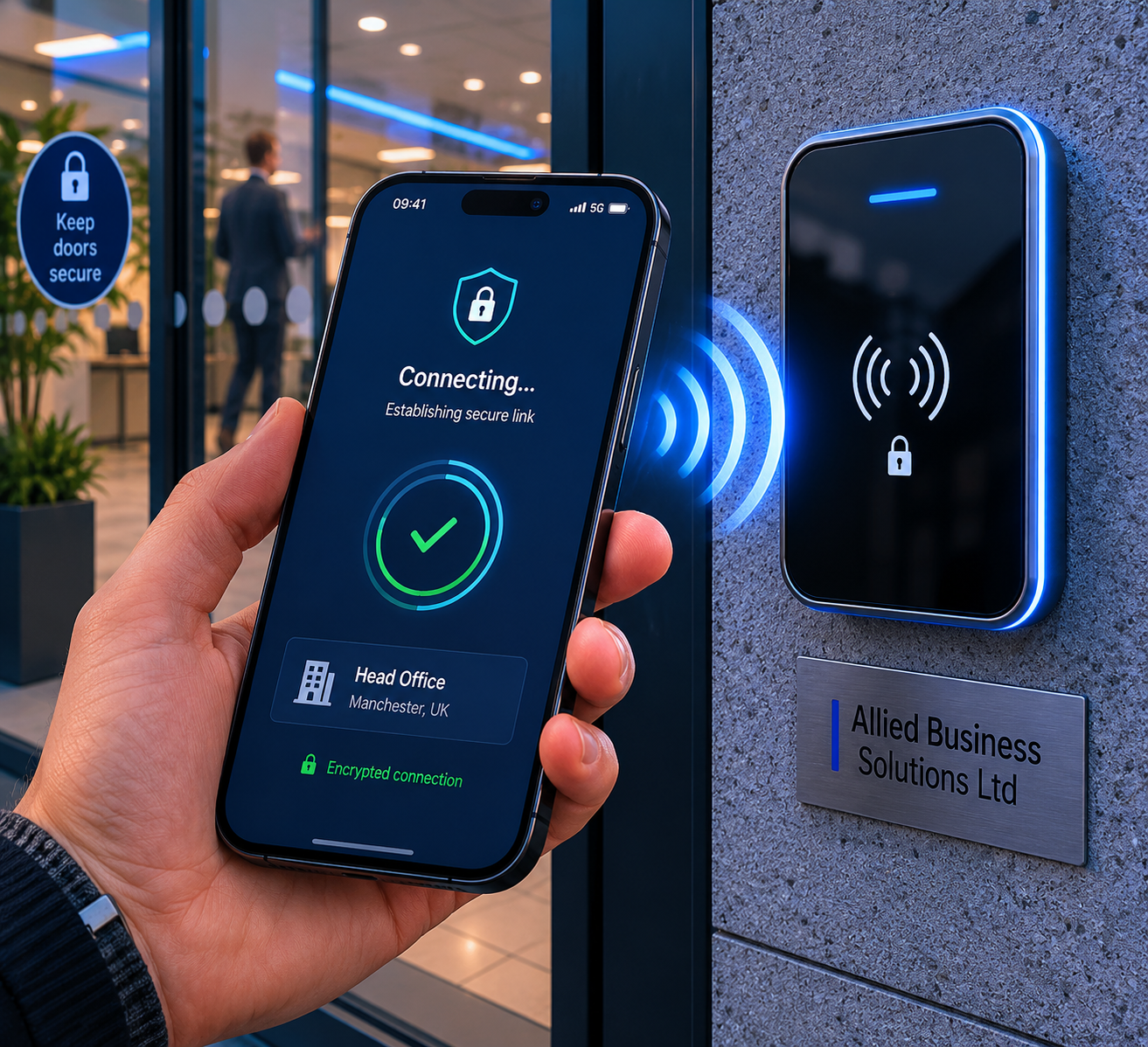 A sleek smartphone screen initiating a secure wireless connection with an enterprise wall reader outside a modern UK business office.