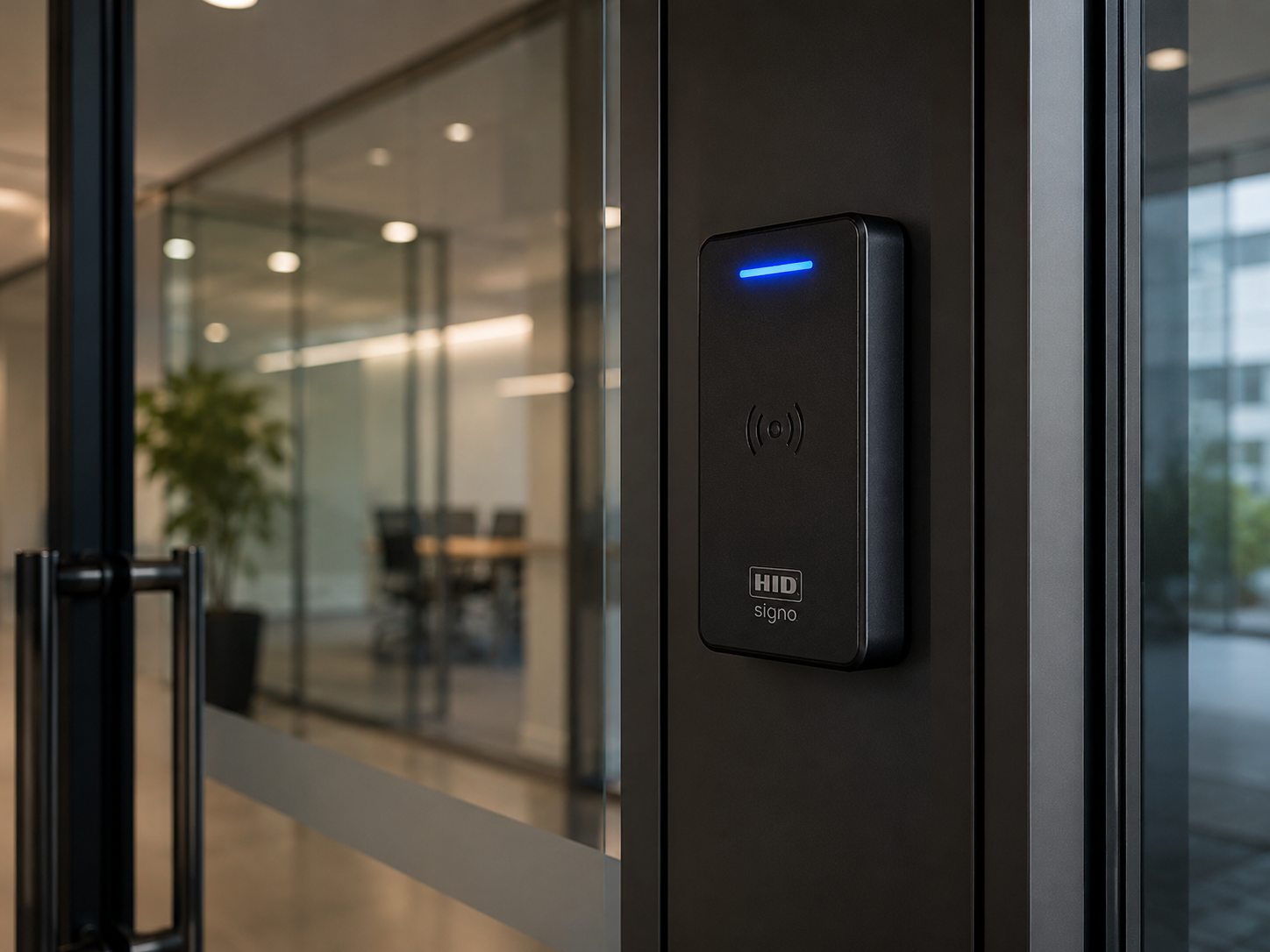 sleek, dark HID Signo card reader mounted on a modern glass office door frame, illuminating a blue LED indicator light.