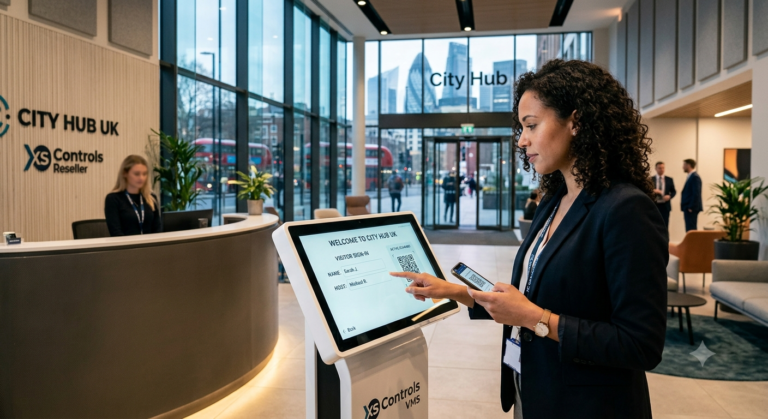 An external guest using a self-service touchscreen kiosk running a modern visitor access management system in the reception lobby of a UK corporate office.