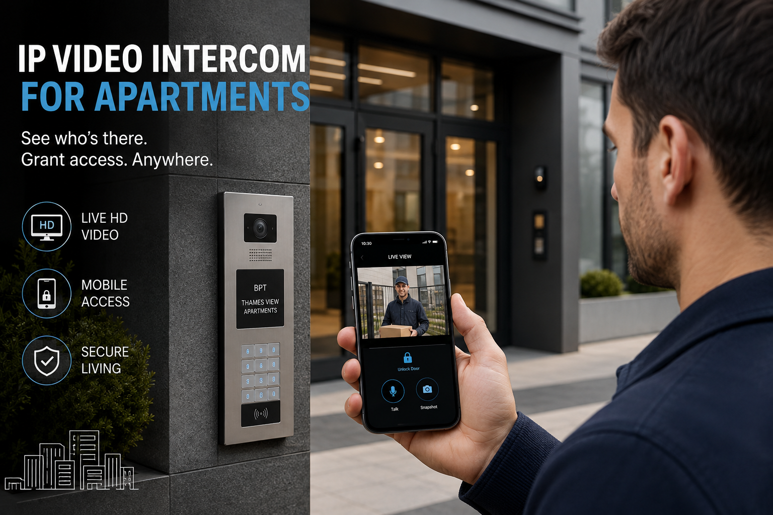 A UK resident using a smartphone app to review a live HD video feed from an IP video intercom system for apartments mounted at a modern apartment building entrance.