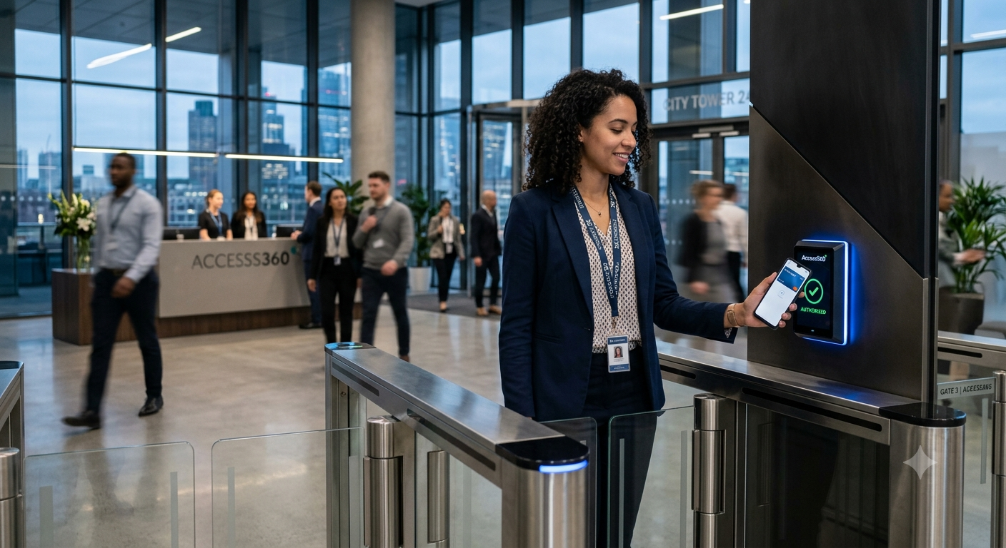 A corporate employee tapping a mobile smartphone credential on an electronic wall reader running the Access360 access control system at a modern office lobby entry gate.Create image